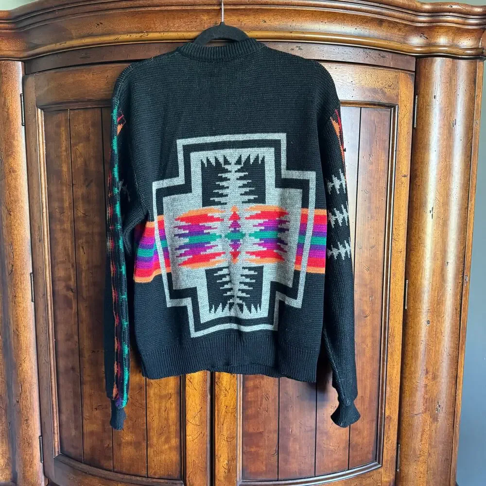 Pendleton Western Wear Black Knit Vintage 70s Unisex Wool L Sweater - Picture 4 of 11